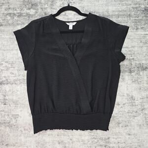 Nine West Blouse Womens Medium Black Short Sleeve Surplice V Neck Stretch Top